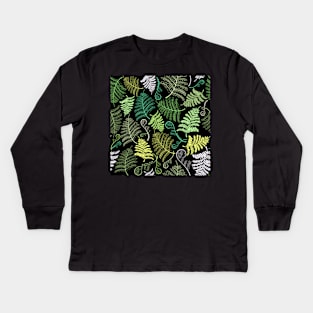 Green fern leaves on black background Kids Long Sleeve T-Shirt